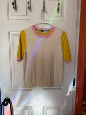 Boden Cream & Yellow Ringer Color Block Knit Top with Pink Trim